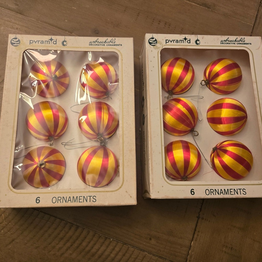 Vintage Pyramid Ornaments Red Yellow Satin Striped 12pc Boxed Retro American